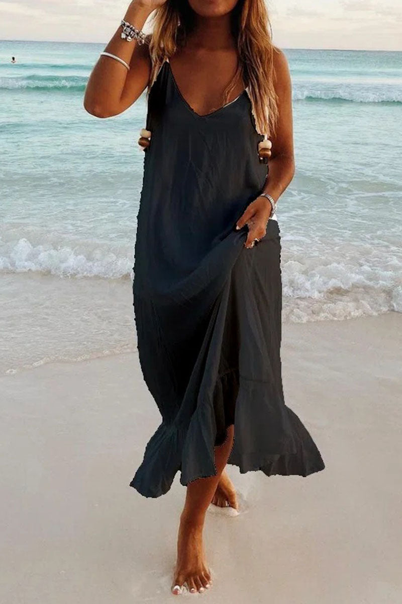 Fashion Simplicity Solid Patchwork V Neck Beach Dresses(5 Colors)