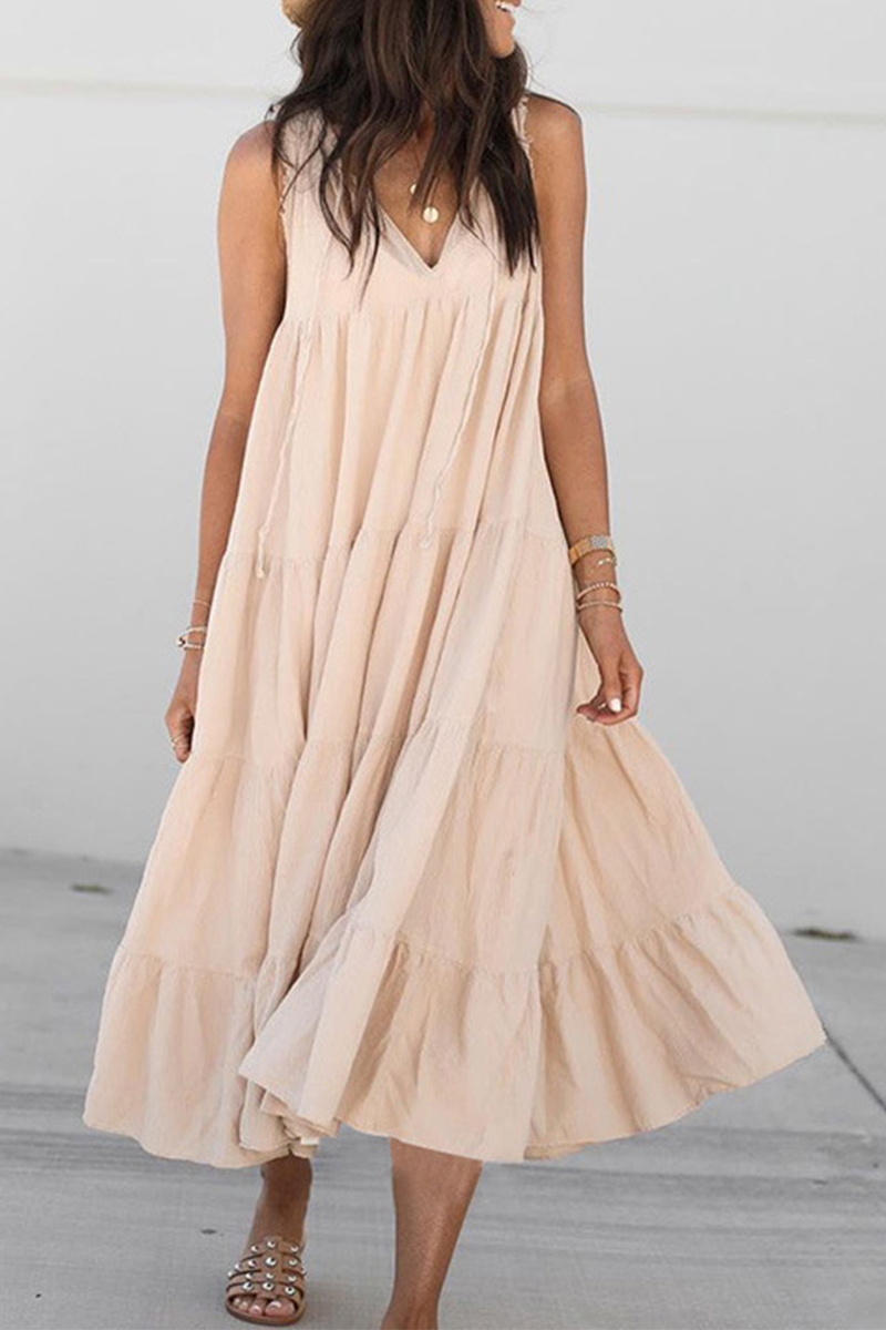 Casual Solid Fold V Neck Cake Maxi Dresses