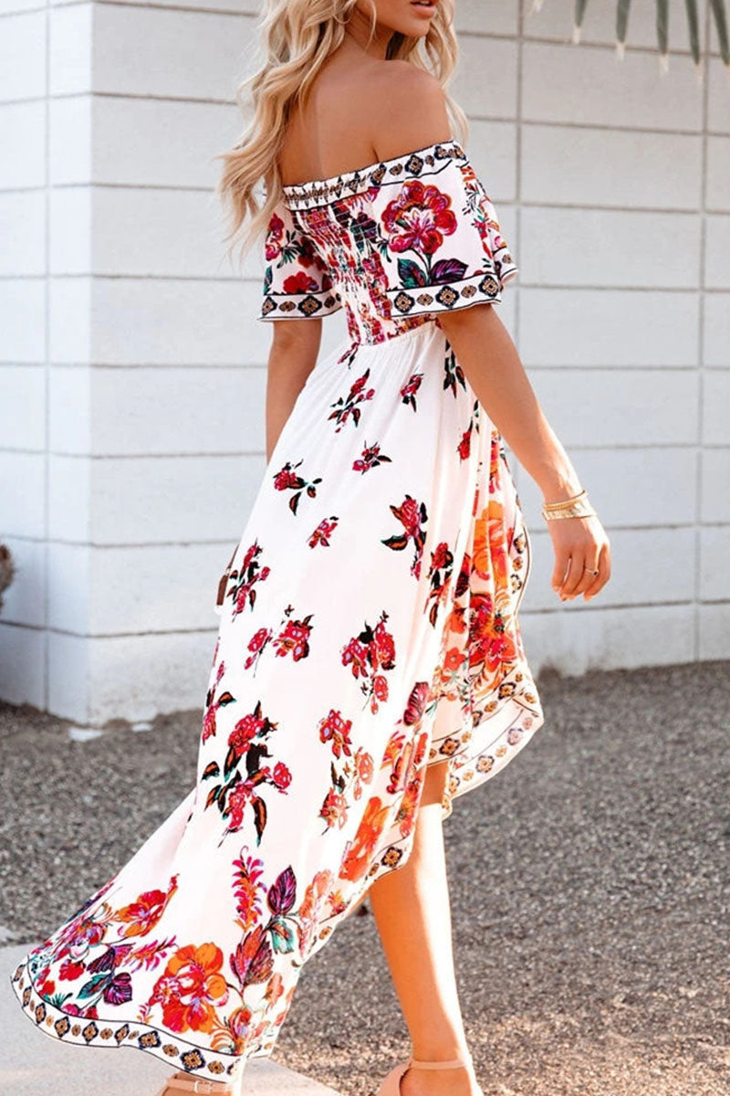 Fashion Street Print Patchwork Off the Shoulder Irregular Dresses