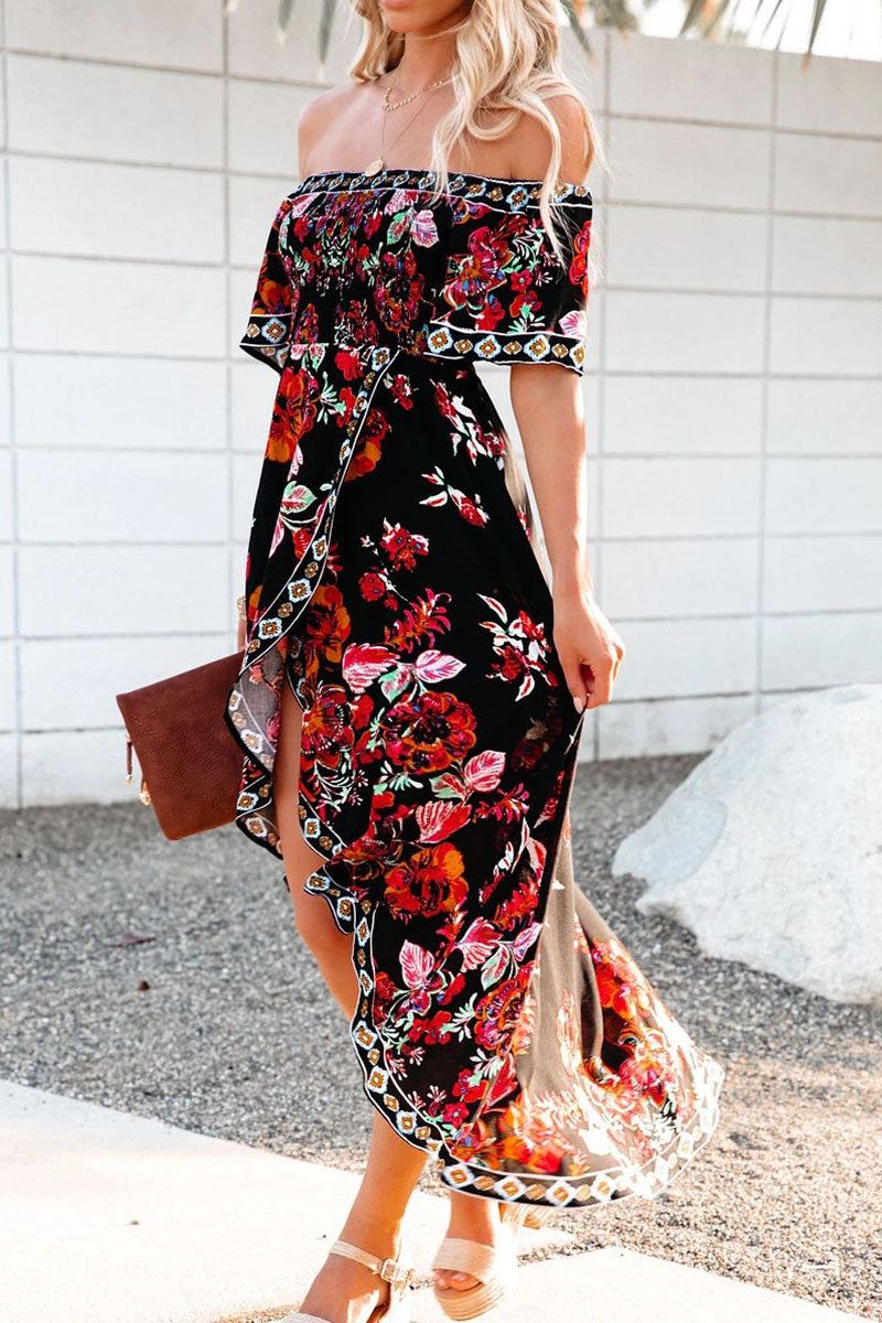 Fashion Street Print Patchwork Off the Shoulder Irregular Dresses