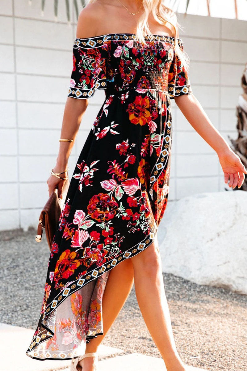 Fashion Street Print Patchwork Off the Shoulder Irregular Dresses