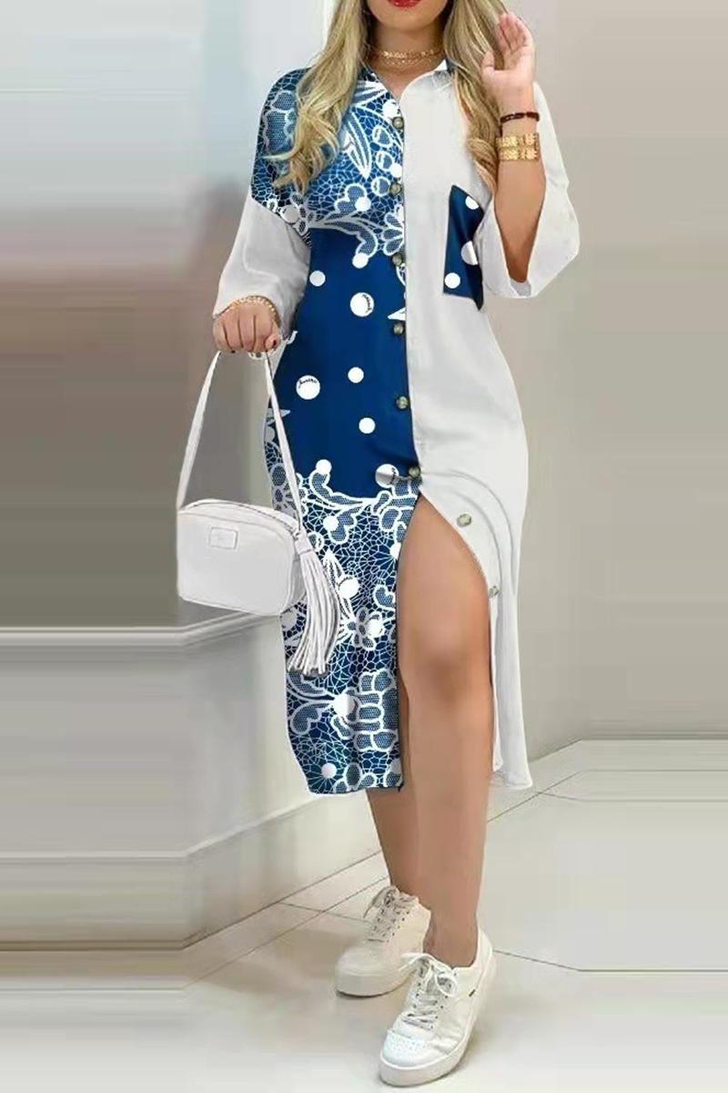 Fashion Street Print Buckle  Contrast Shirt Dress Dresses