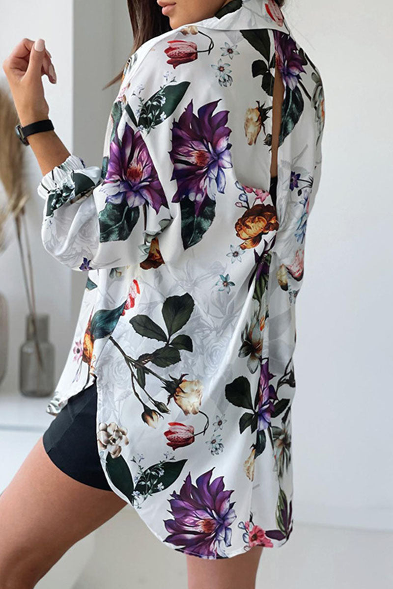 Fashion Casual Print Split Joint Turndown Collar Tops