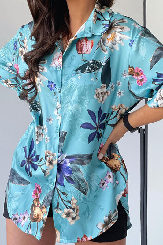 Fashion Casual Print Split Joint Turndown Collar Tops