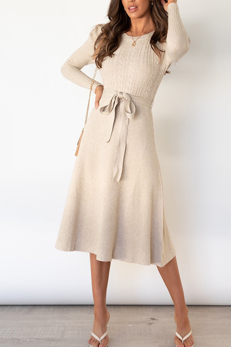 Elegant Solid With Belt O Neck Sweater Dresses(5 Colors)