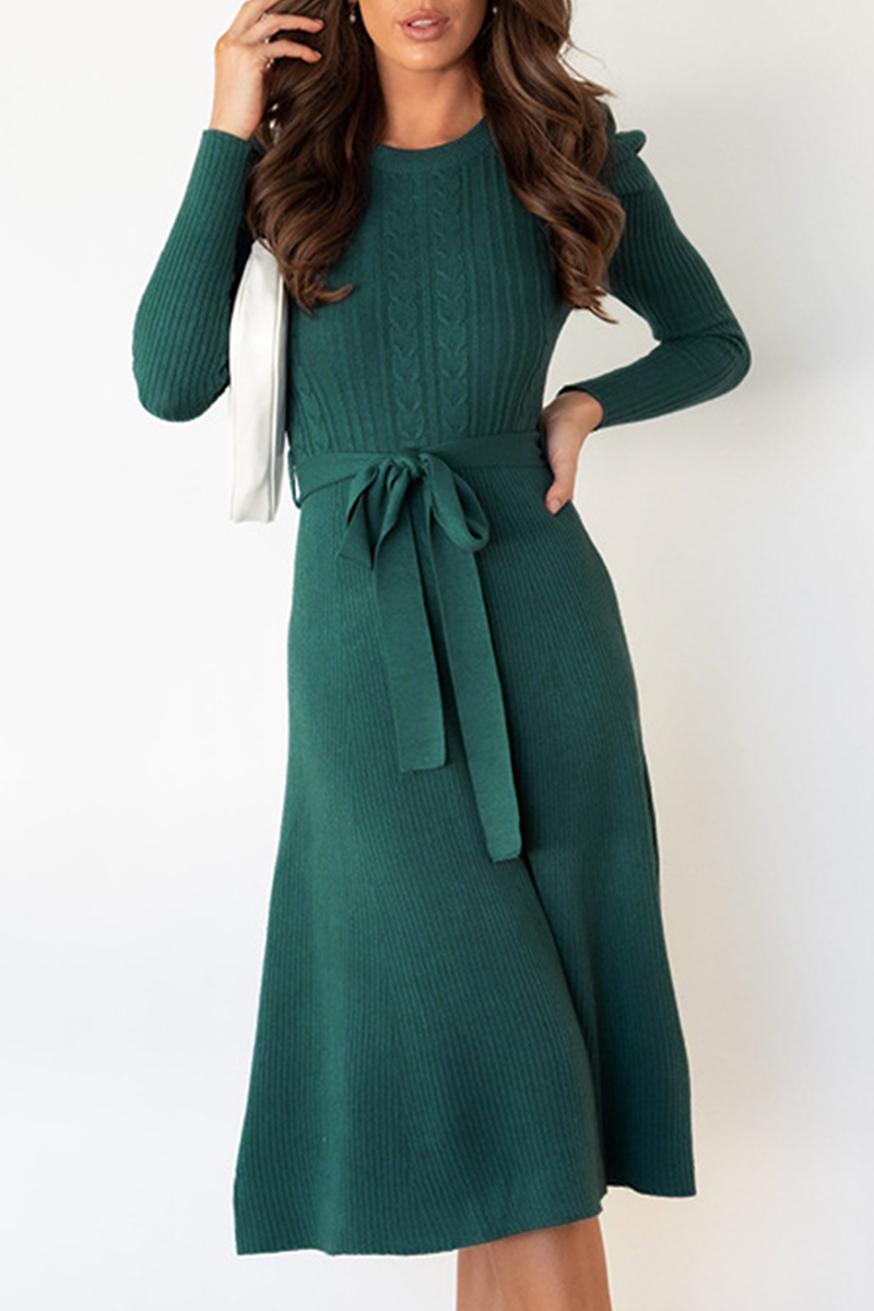 Elegant Solid With Belt O Neck Sweater Dresses(5 Colors)