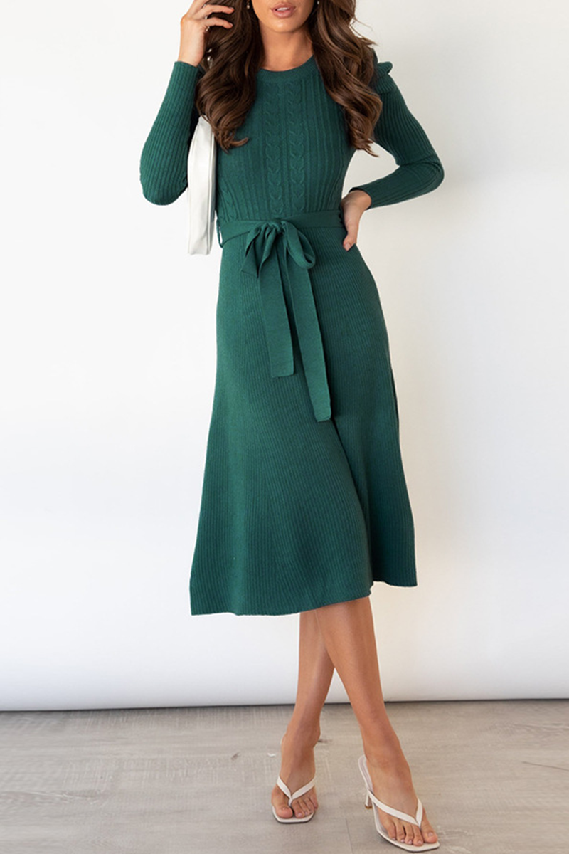 Elegant Solid With Belt O Neck Sweater Dresses(5 Colors)