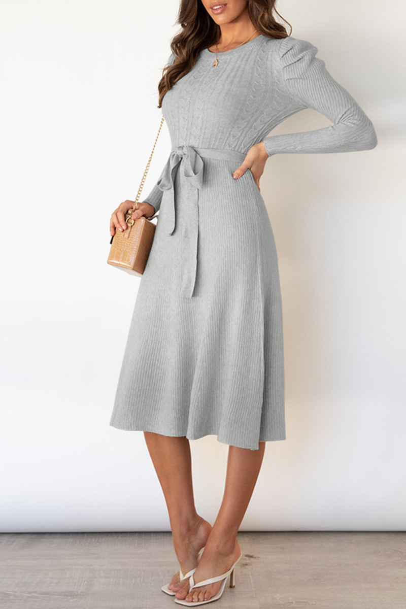 Elegant Solid With Belt O Neck Sweater Dresses(5 Colors)