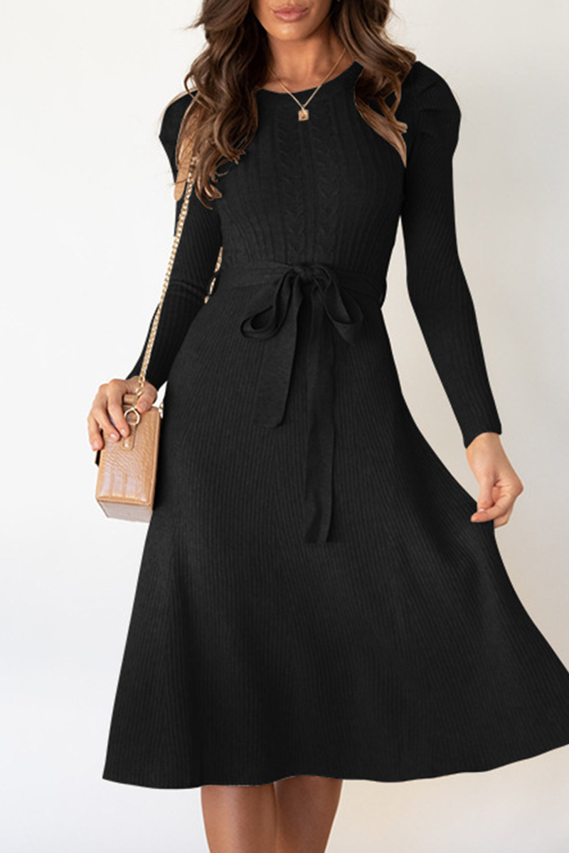 Elegant Solid With Belt O Neck Sweater Dresses(5 Colors)