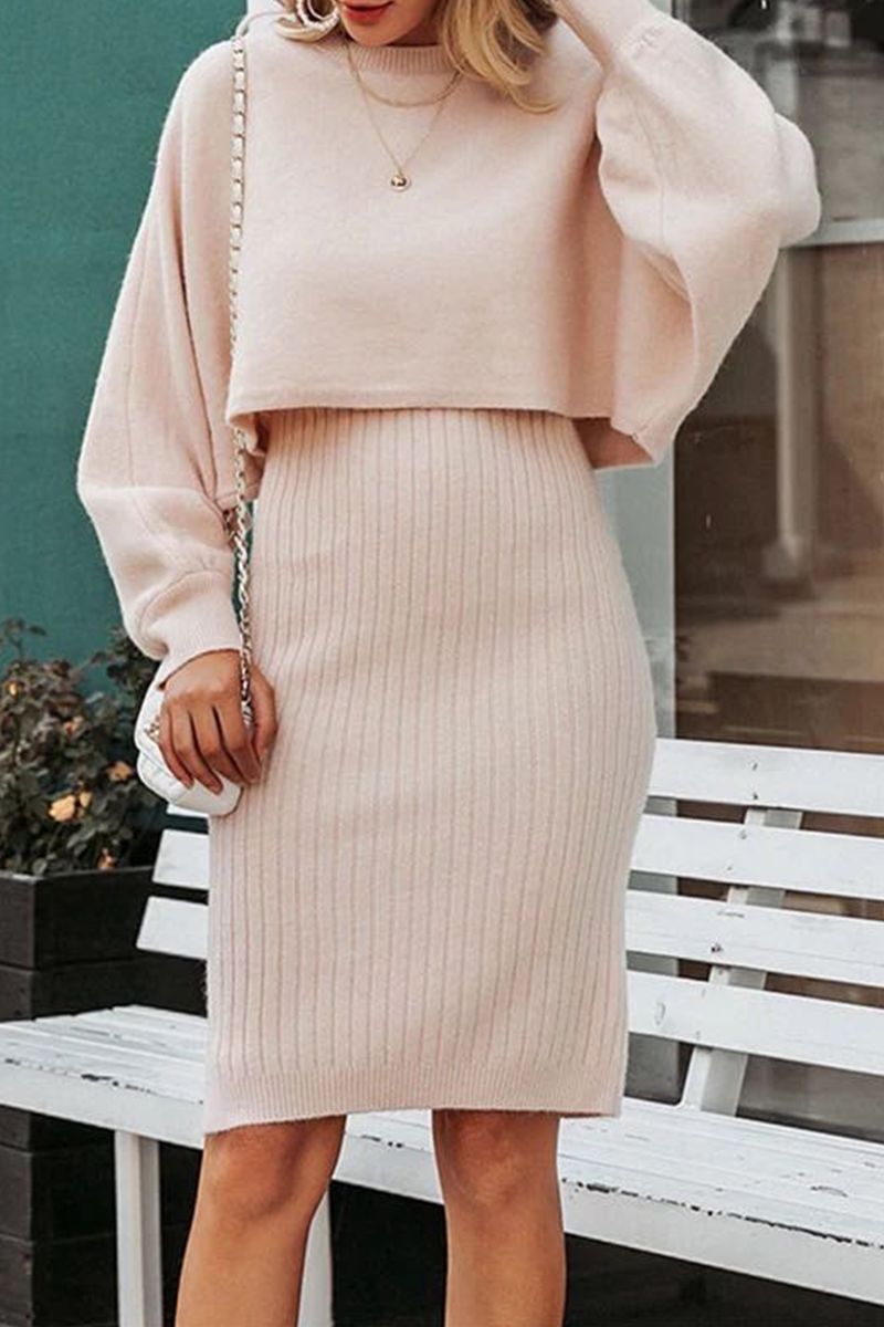 Elegant Solid Split Joint O Neck Long Sleeve Two Pieces