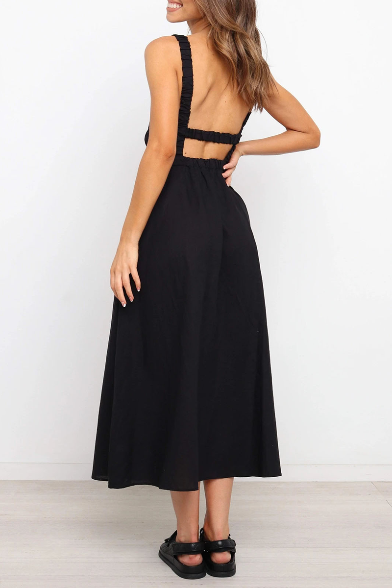 Casual Solid Backless O Neck Waist Skirt Dresses(4 Colors)