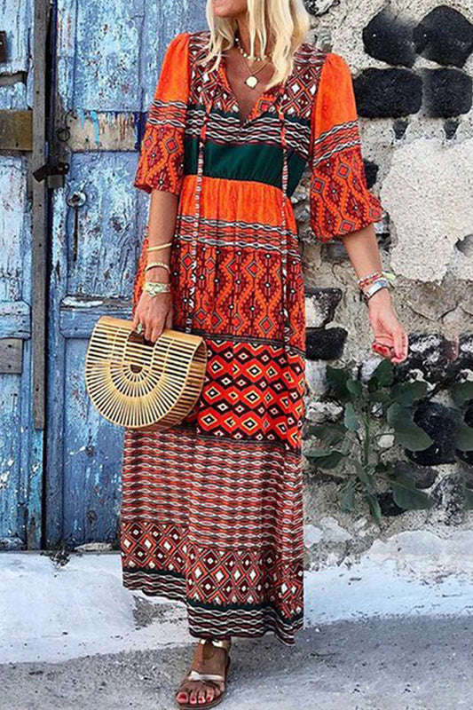 Fashion Bohemian Print Split Joint V Neck A Line Dresses