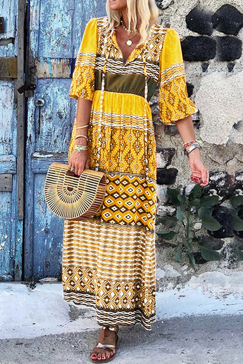 Fashion Bohemian Print Split Joint V Neck A Line Dresses