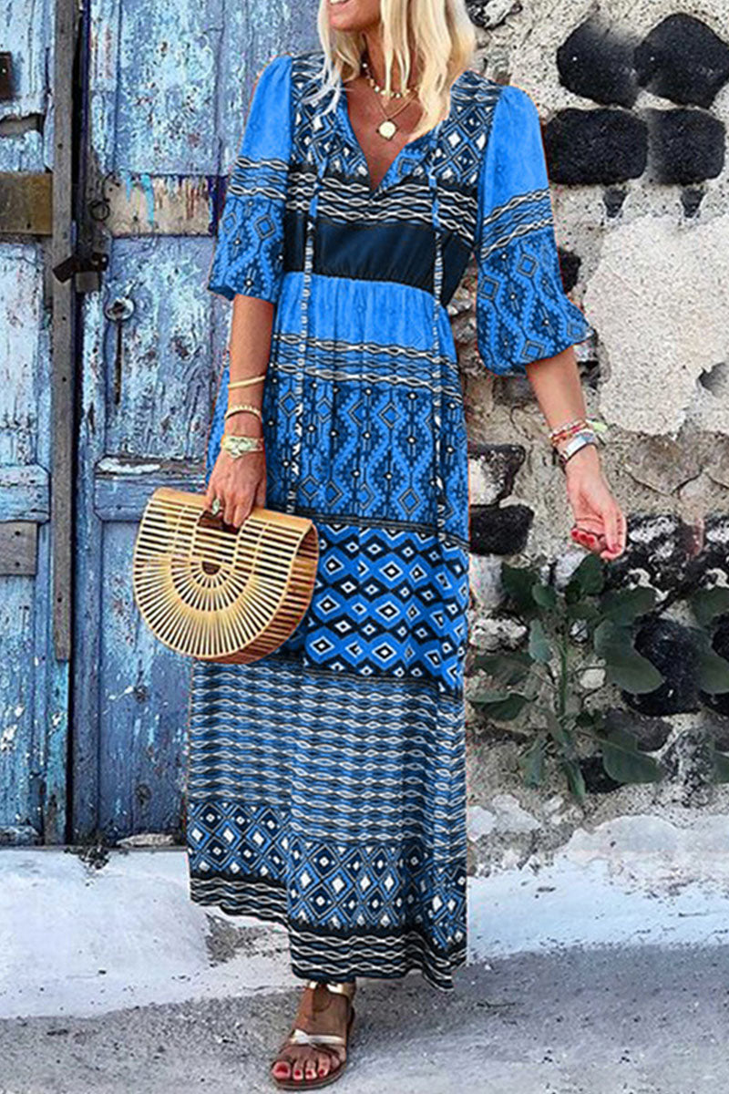 Fashion Bohemian Print Split Joint V Neck A Line Dresses