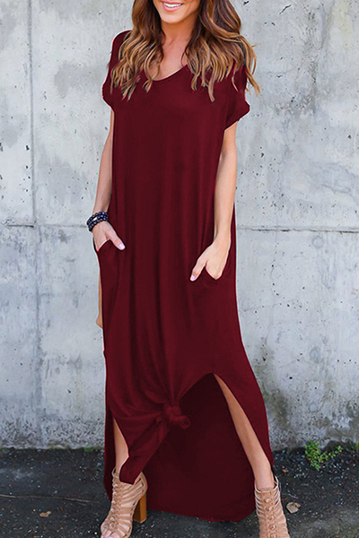 Casual Solid Pocket Slit V Neck A Line Dresses(8 Colors)