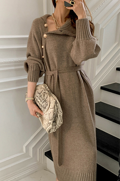 Casual Elegant Solid Buckle With Belt Turtleneck Dresses(3 colors)