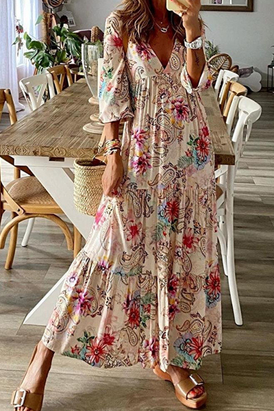 Casual Print Patchwork Flounce V Neck Cake Skirt Dresses