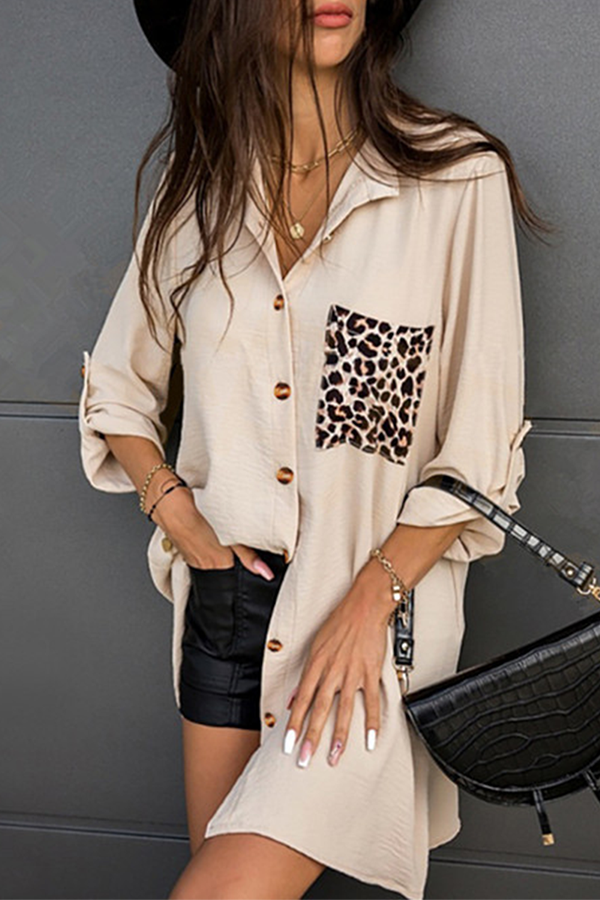 Casual Leopard Patchwork Buckle Turndown Collar Tops