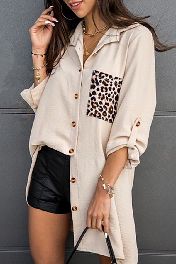 Casual Leopard Patchwork Buckle Turndown Collar Tops