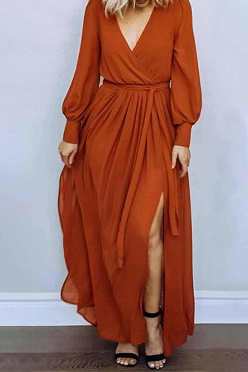 Fashion Elegant Solid Slit With Belt V Neck Dresses(5 colors)