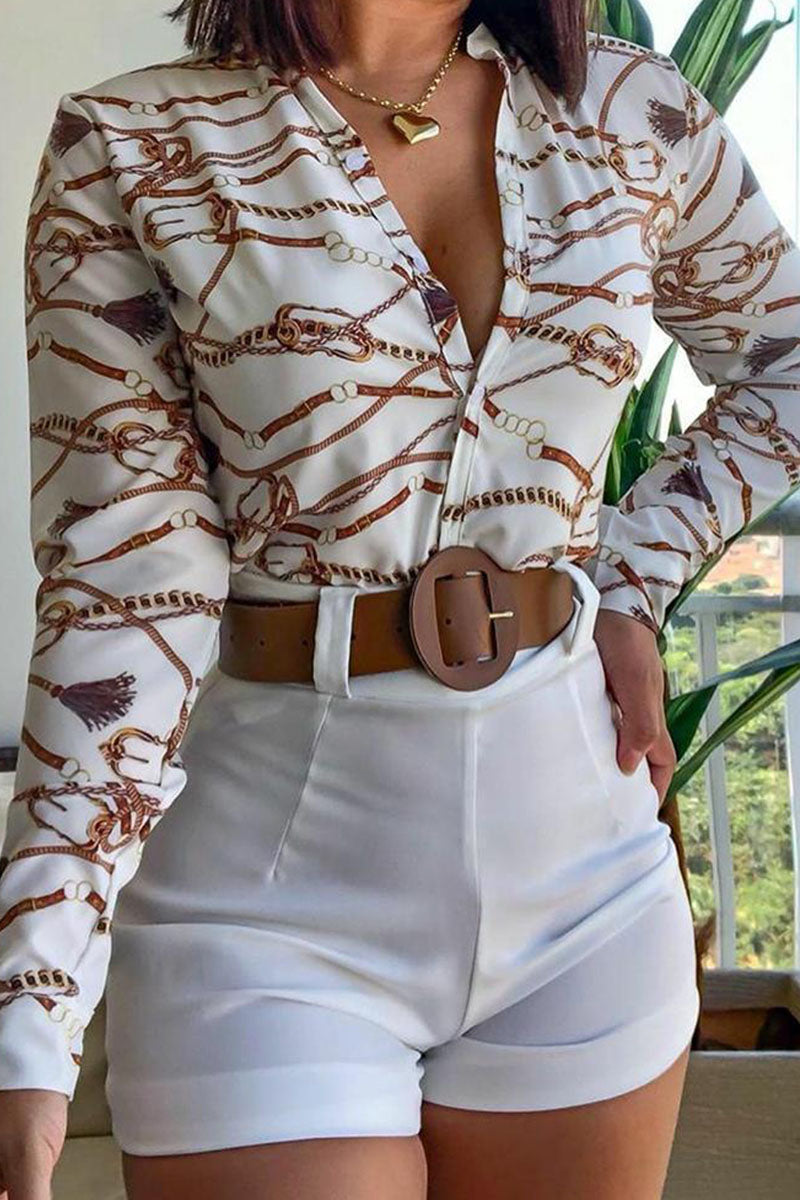 Casual Print Patchwork Buckle Turndown Collar Long Sleeve Two Pieces