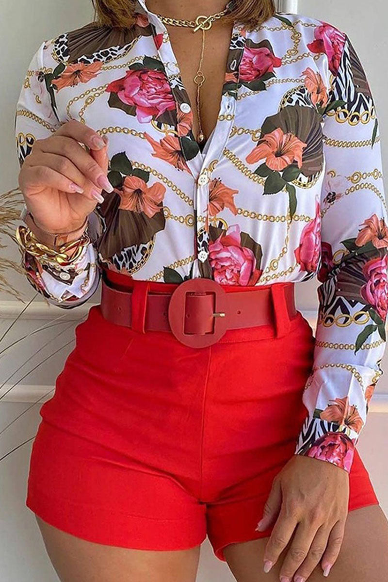 Casual Print Patchwork Buckle Turndown Collar Long Sleeve Two Pieces