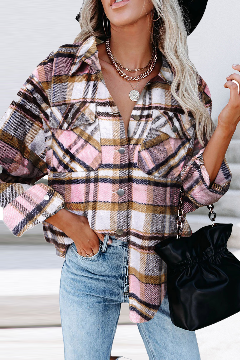 Casual Plaid Patchwork Turndown Collar Tops(6 colors)