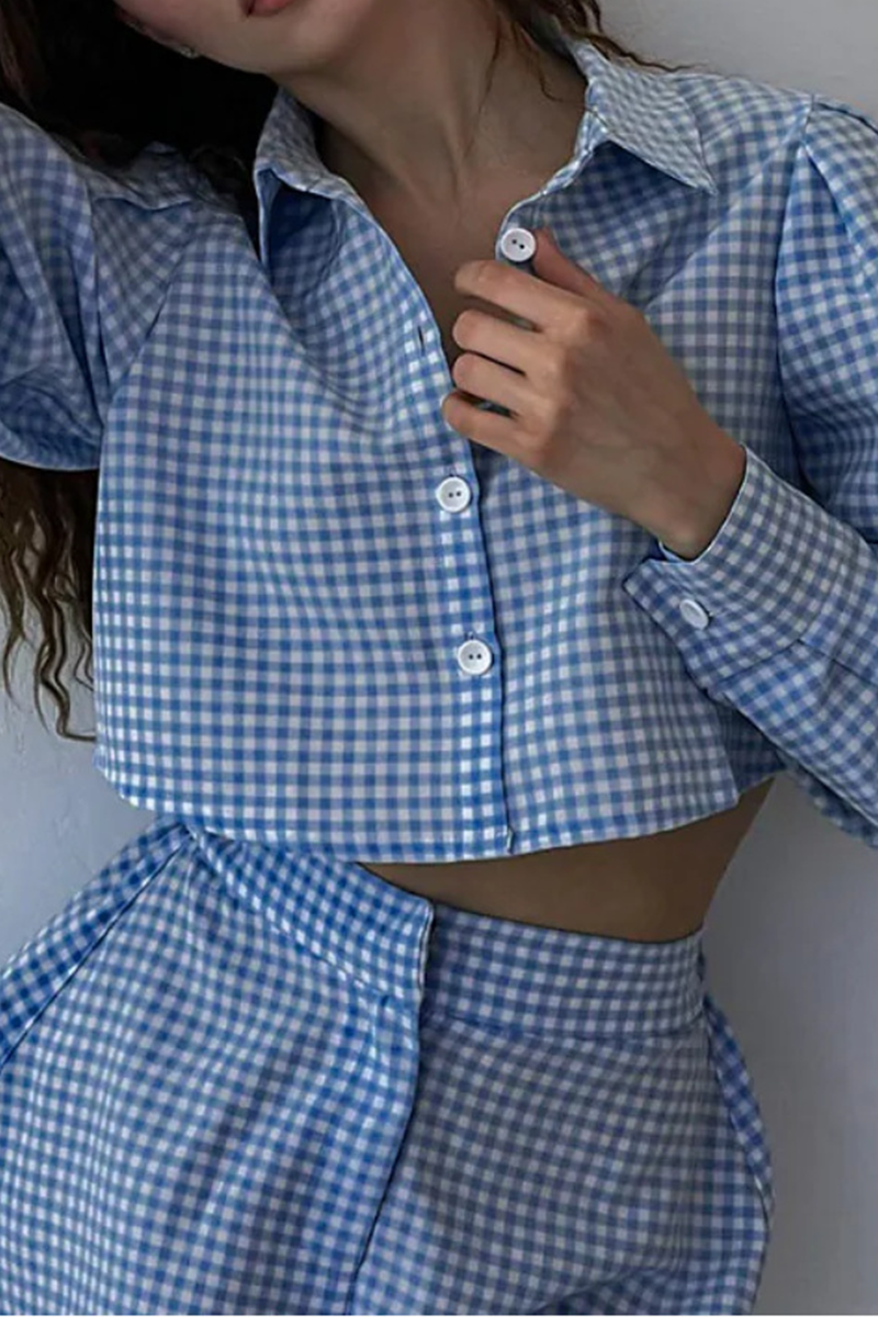 Fashion Plaid Patchwork Turndown Collar Long Sleeve Two Pieces(3 colors)