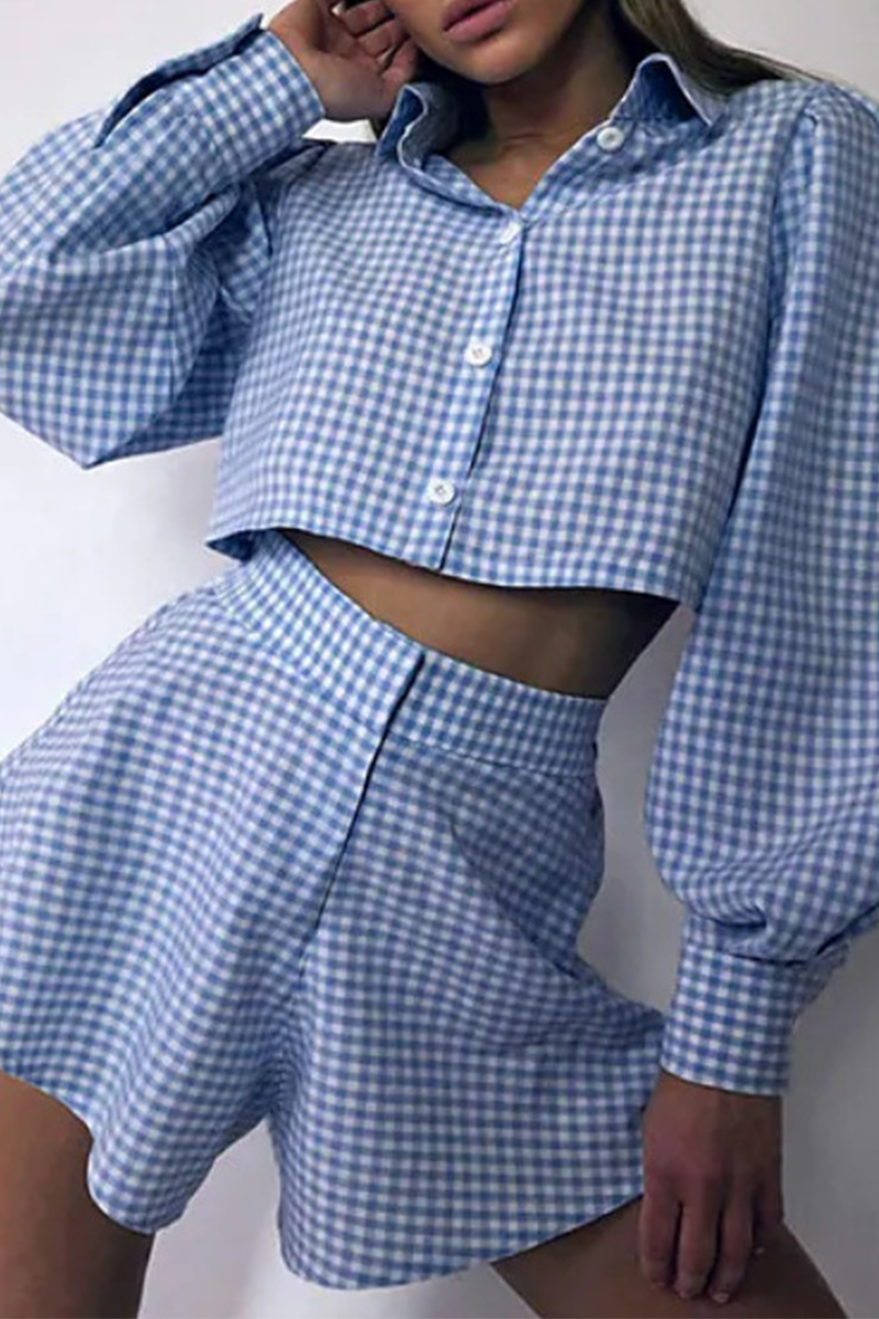 Fashion Plaid Patchwork Turndown Collar Long Sleeve Two Pieces(3 colors)