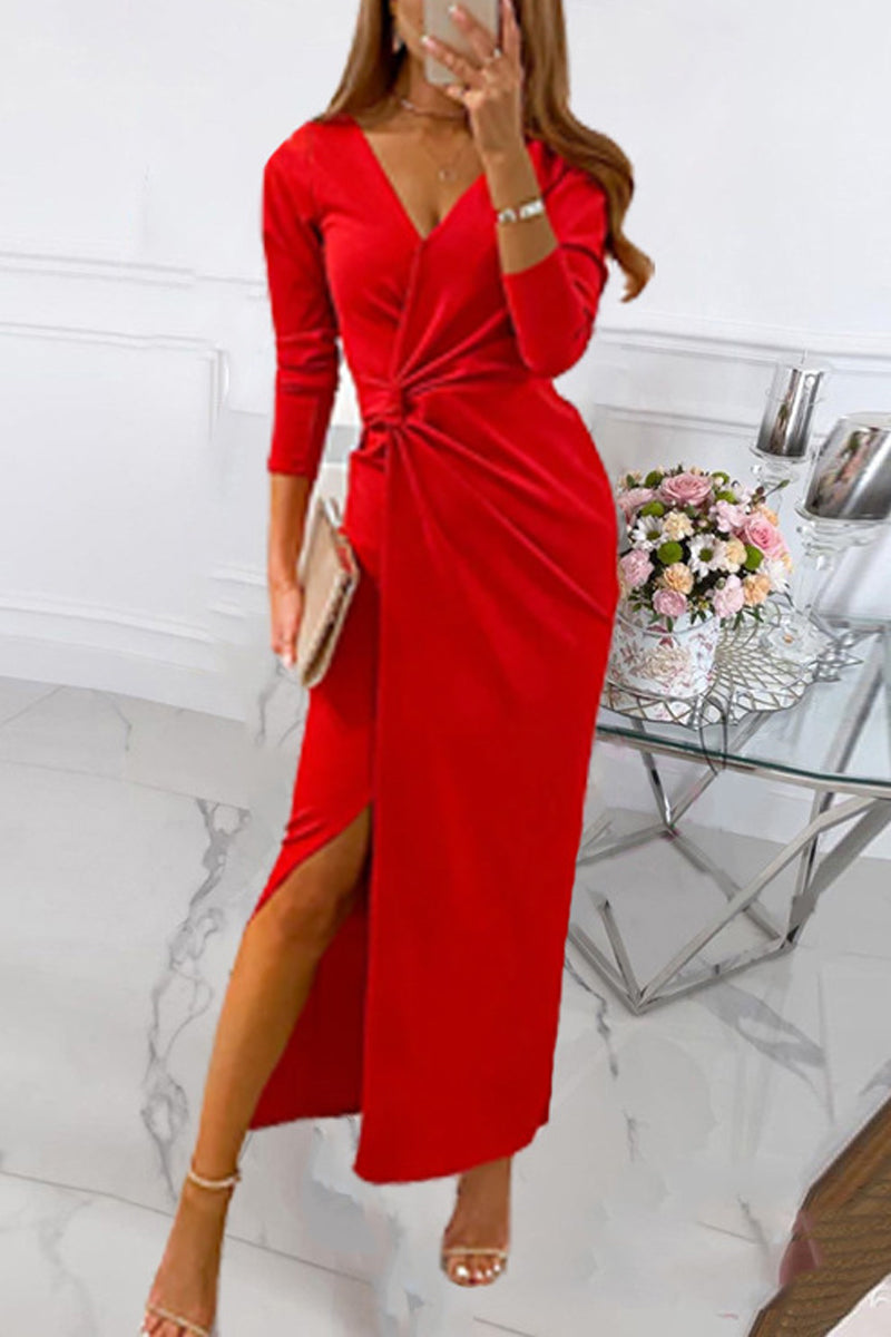 Elegant Solid Slit Fold V Neck Evening Dress Dresses(3 Colors)