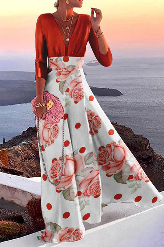 Elegant Vacation Print Patchwork V Neck One Step Skirt Dresses(3 Colors)