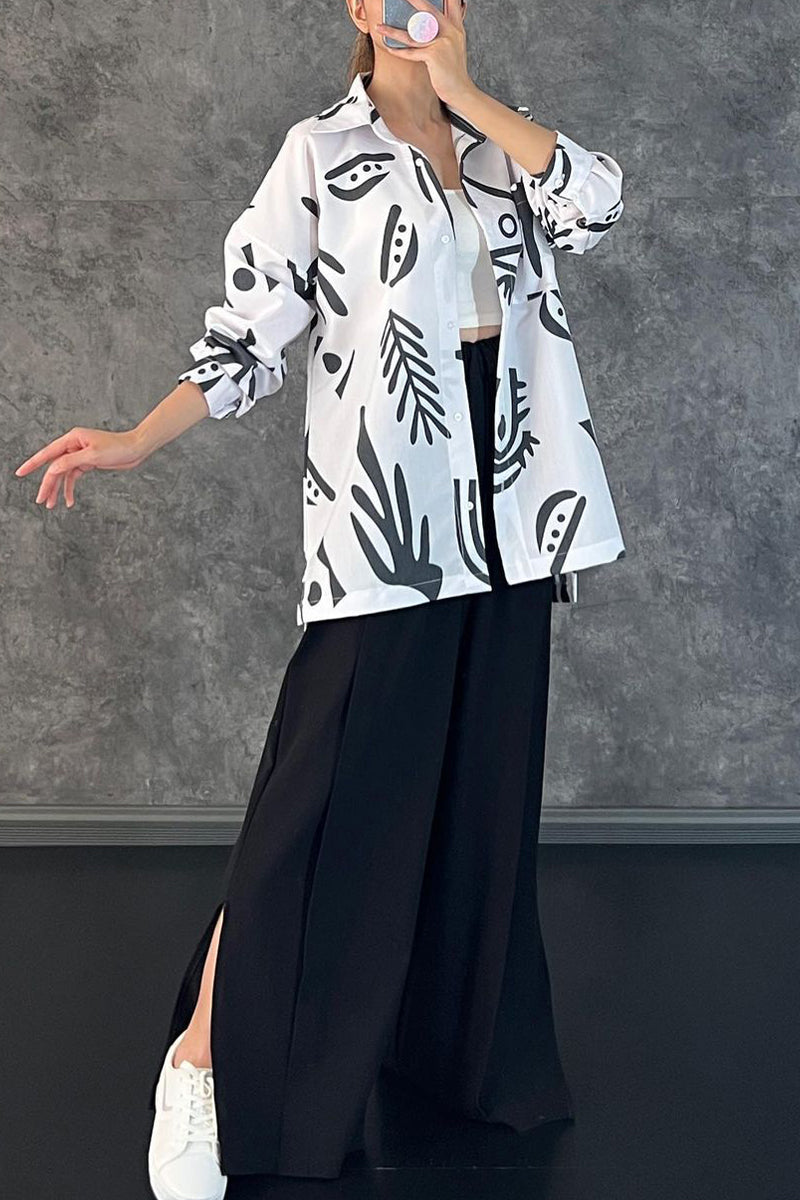 Casual Print Patchwork Turndown Collar Long Sleeve Two Pieces