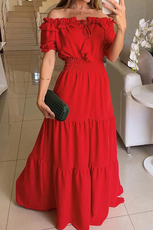 Casual Solid Patchwork Off the Shoulder Short Sleeve Dress Dresses