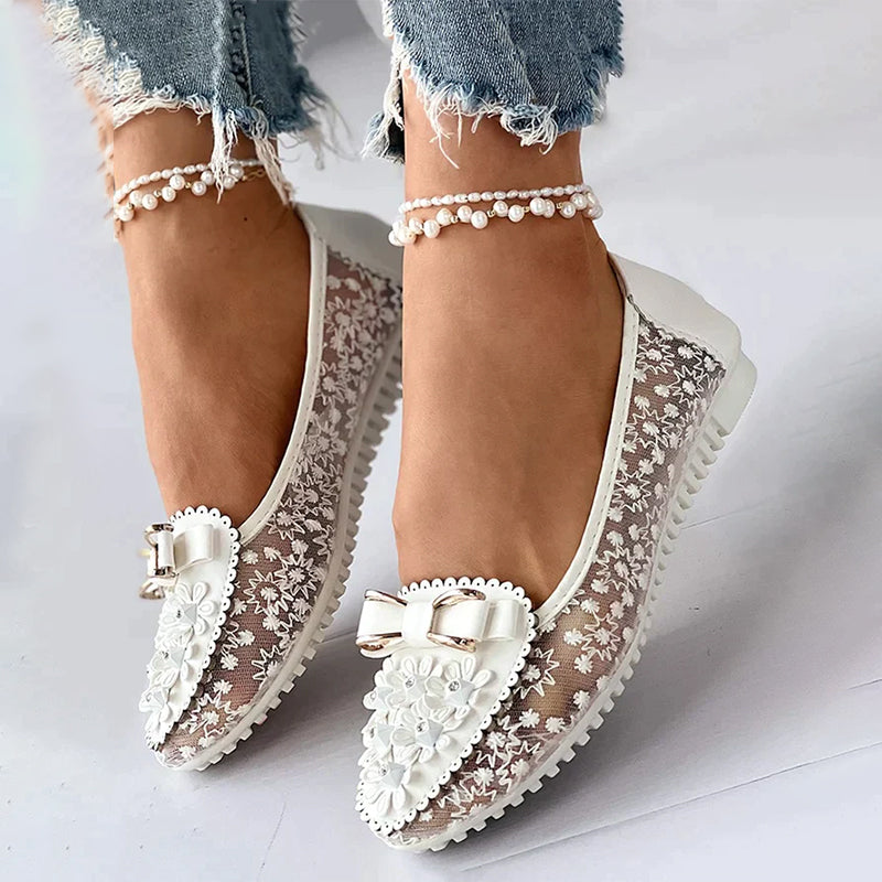 Elegant Applique Bowknot Decor Wedding Bridal Shoes Lace Split Joint Ballet Flats