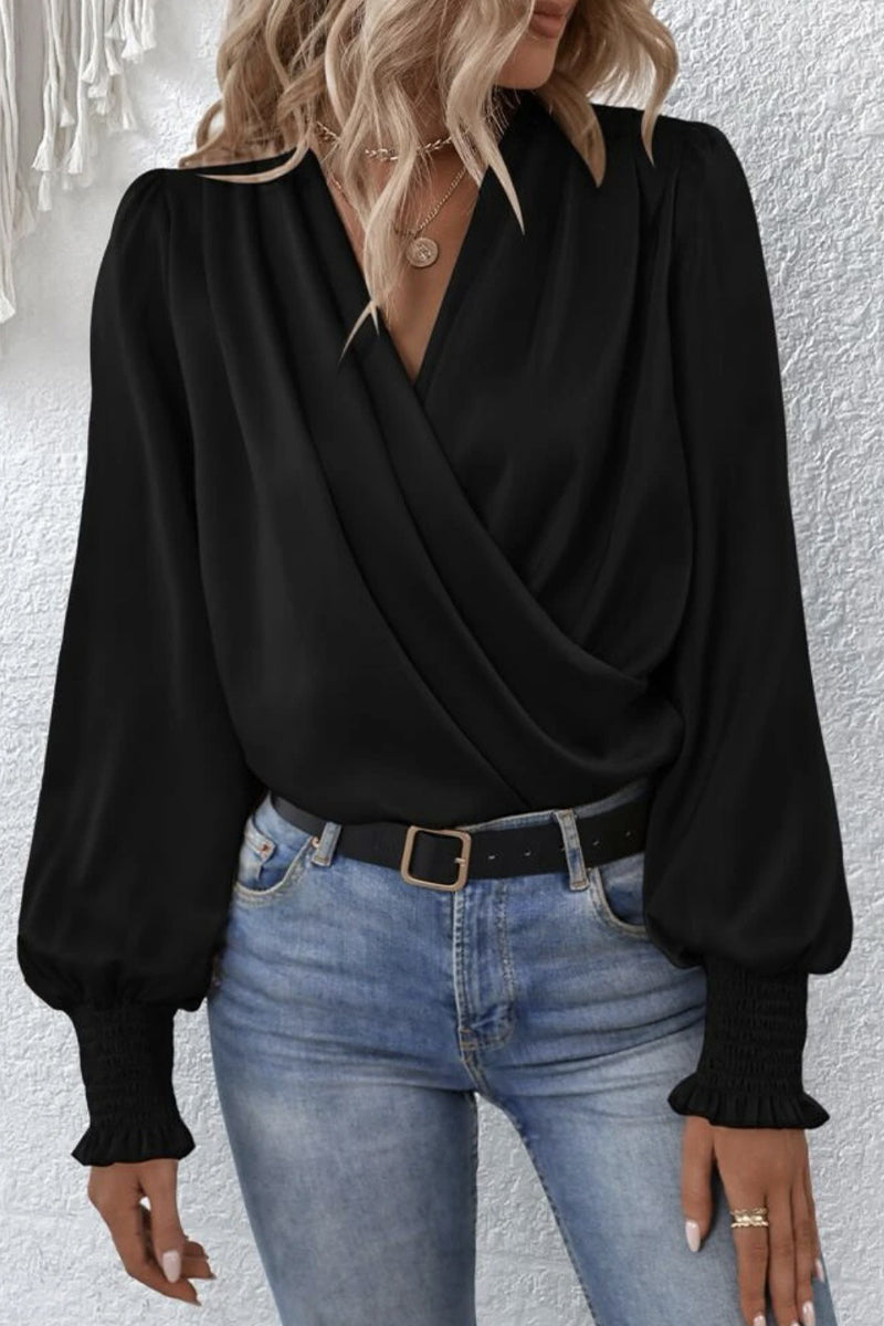 Elegant Solid Fold V Neck Tops