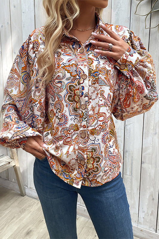 Elegant Print Buckle Turndown Collar Blouses