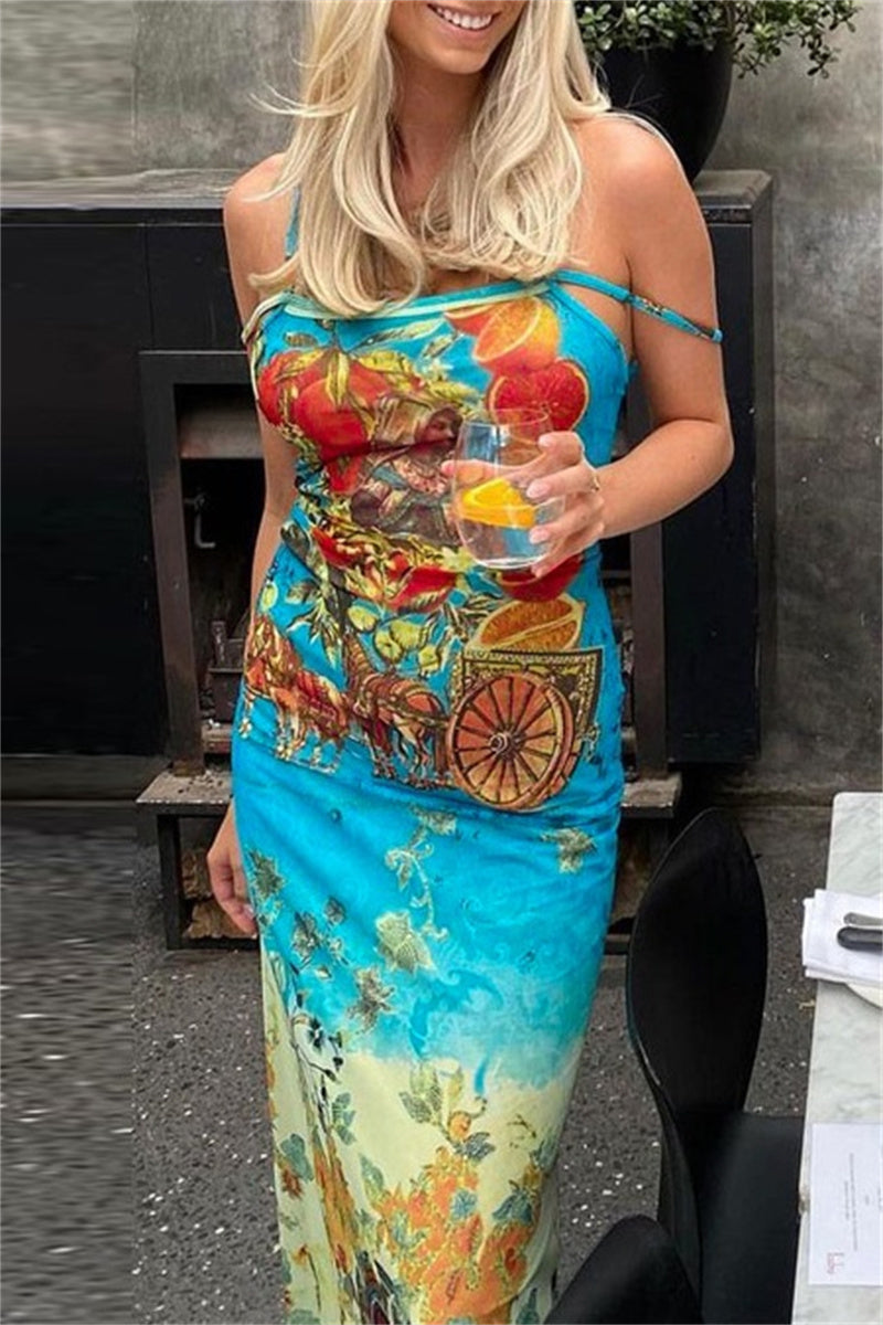 Sexy Print Backless Spaghetti Strap Long Dresses