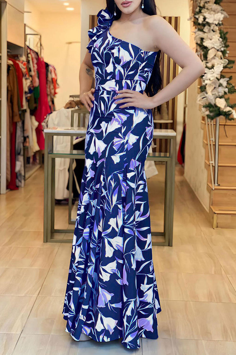 Casual Print Patchwork Backless Oblique Collar Long Dresses