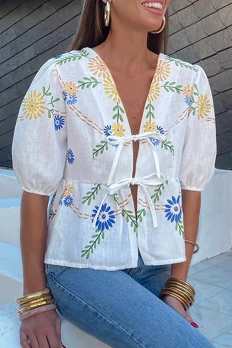 Casual Not Positioning Printed Flowers Frenulum V Neck Blouses