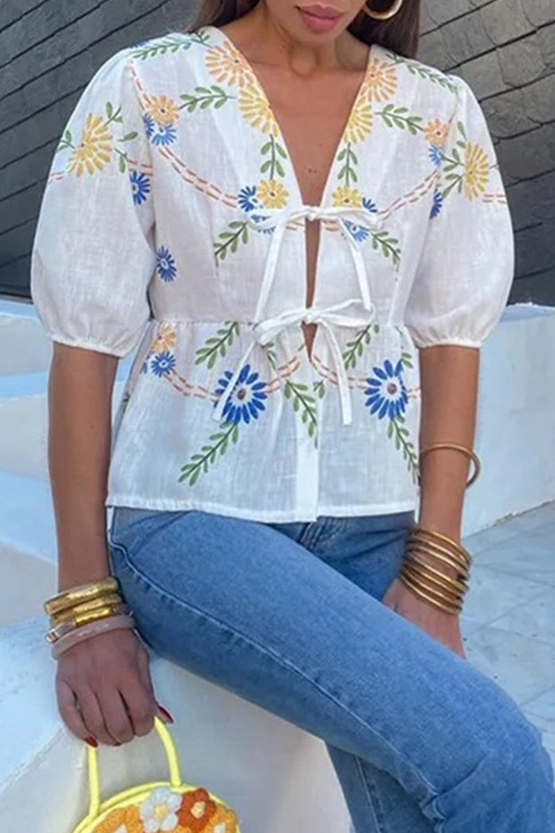 Casual Not Positioning Printed Flowers Frenulum V Neck Blouses