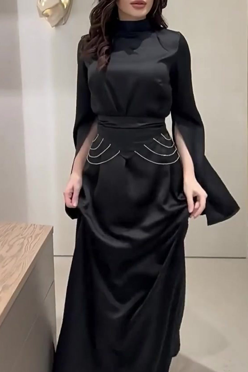 Elegant Solid Slit Half A Turtleneck Waist Skirt Dresses