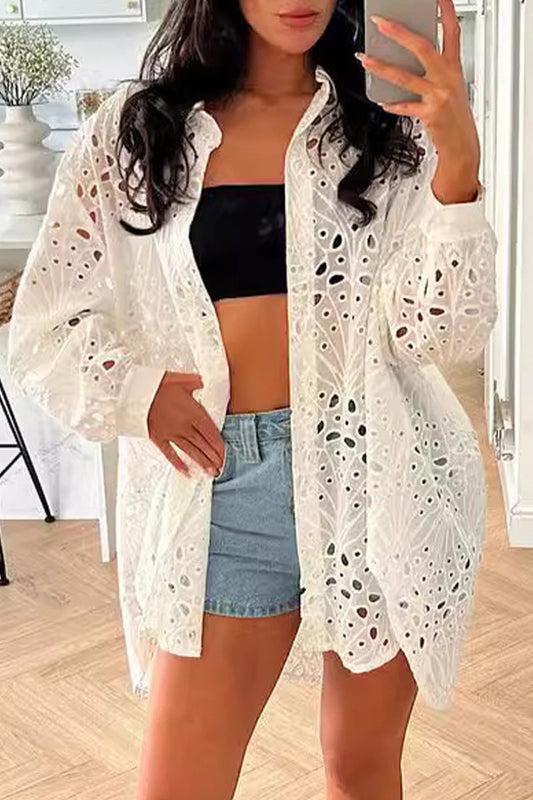 Casual Solid Hollowed Out Turndown Collar Blouses