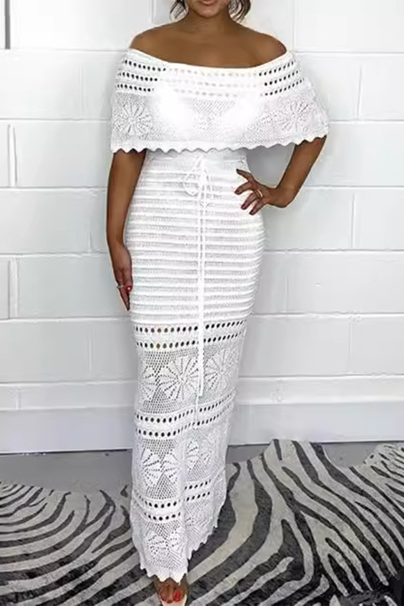 Sexy Solid Color Hollow Out Weave Off Shoulder One Step Skirt Dresses