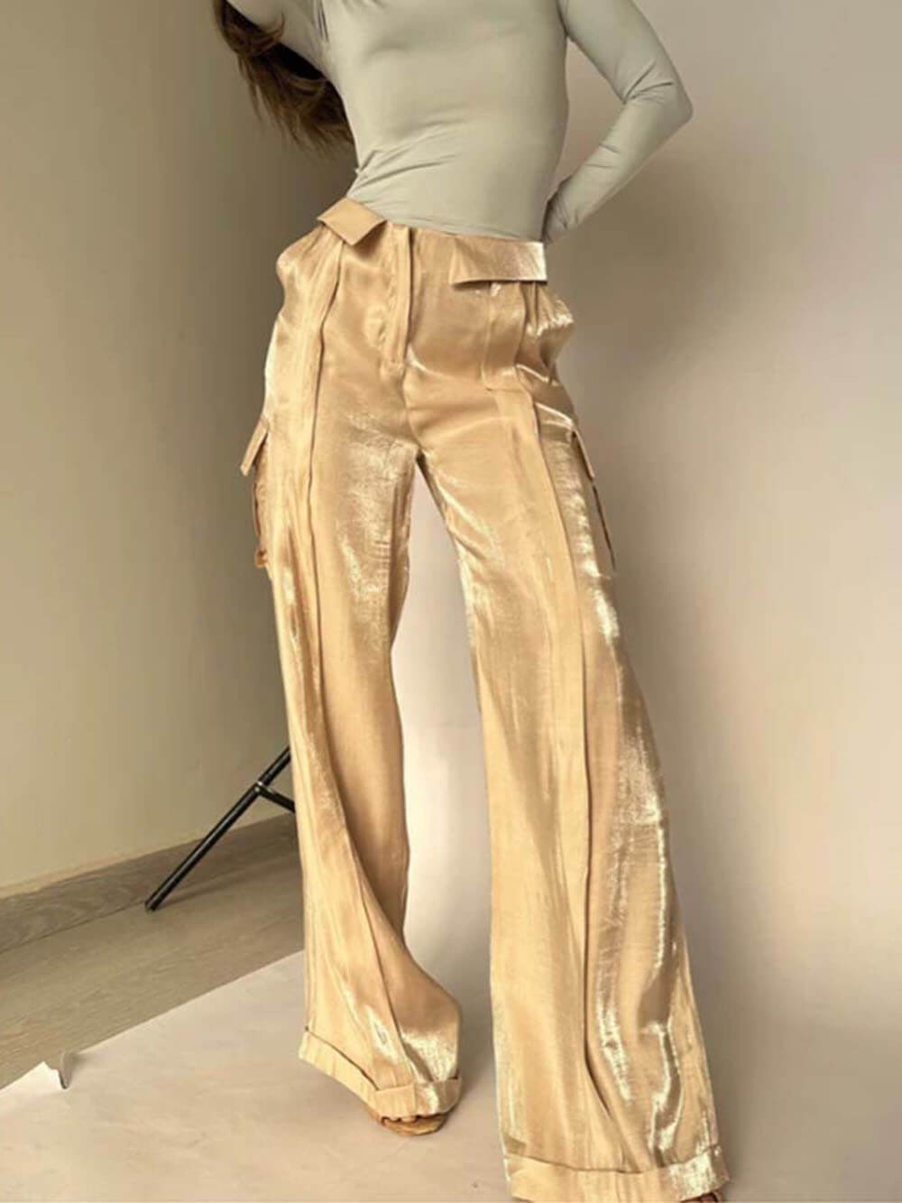 Golden Years Glitter Fabric Drawstring Waist Pocketed Wide Leg Pants - Buy two and get free shipping!