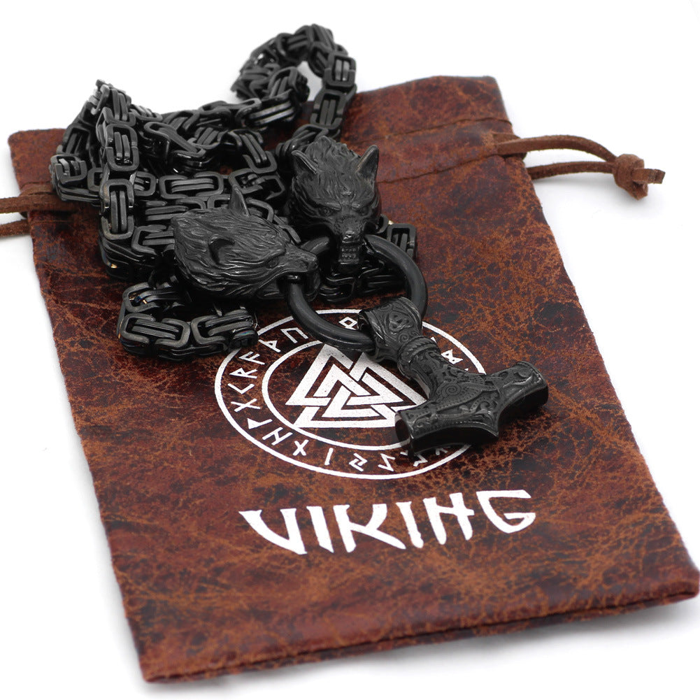 Viking Celtic Wolf Odin Thor's Hammer Necklace Stainless Steel