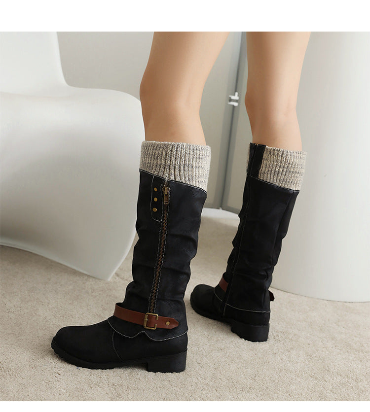 Large size autumn and winter buckle color matching woolen tube women's high boots