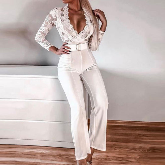 Sexy Lace V Neck Belted Jumpsuit Elegant Lady Wide Leg Overalls Fashion Casual White Playsuit