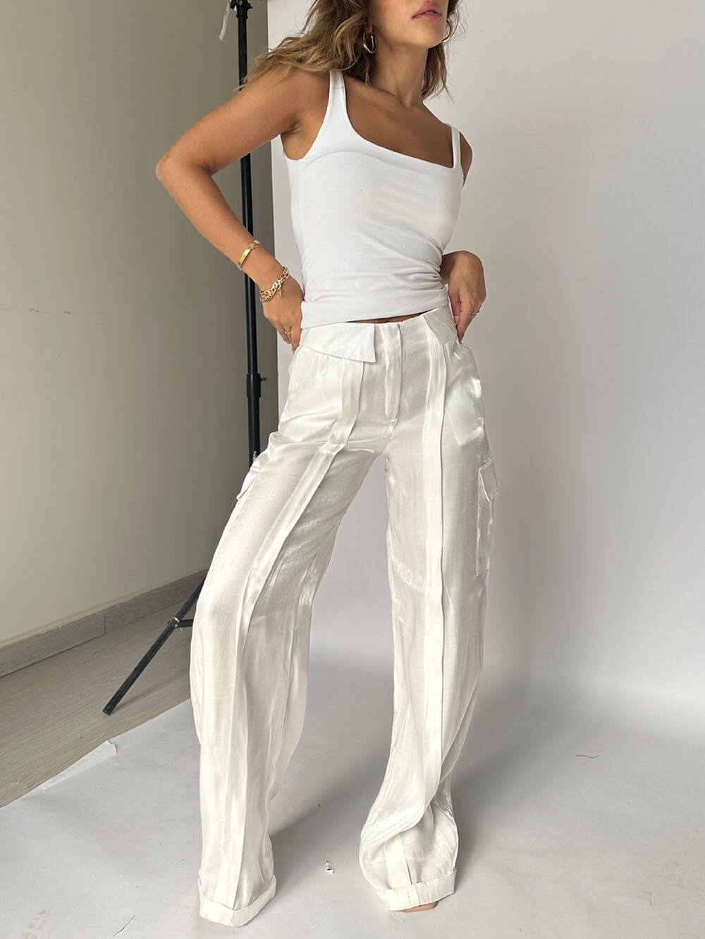 Golden Years Glitter Fabric Drawstring Waist Pocketed Wide Leg Pants - Buy two and get free shipping!