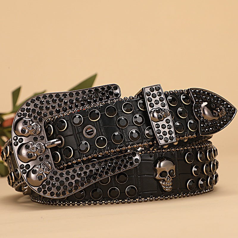 Skull Rhinestone Belt with Crocodile Pattern