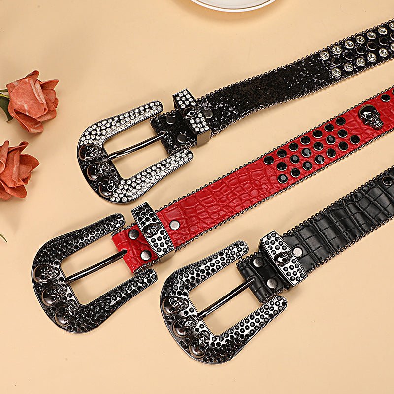 Skull Rhinestone Belt with Crocodile Pattern